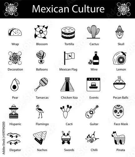 Mexican Culture vector icon set, Cinco de Mayo federal holiday elements on white background, Sombrero and maracas Decoration Design, Mexico City Symbol