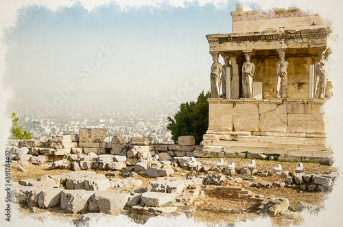 Watercolor drawing of Ancient Erechtheion temple with pillars and statues on Acropolis hill in Athens, Greece