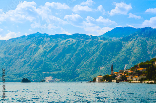 Watercolor drawing of View of Boka Kotor bay with Perast town, islands islets Our Lady of the Rocks and St. George Sveti Dorde in front of mountains range and blue sky with white clouds, Montenegro photo