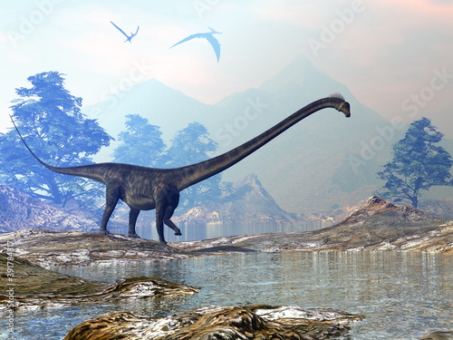 Barosaurus dinosaur walk - 3D render