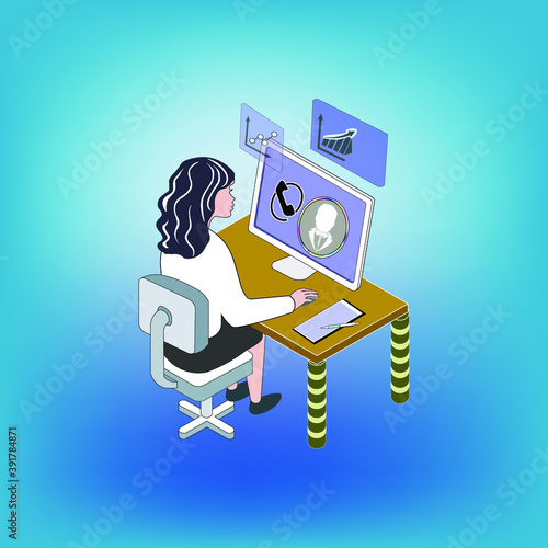 Illustration of person working at a computer. Icons of a woman, monitor, desk, with and image of software interface. Symbol of making money on the Internet. Vector graphics for the office.
