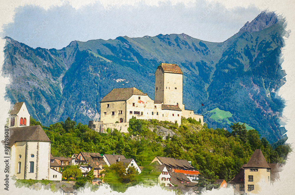 Watercolor drawing of Old castle in front of mountains Alps near Vaduz town, Liechtenstein