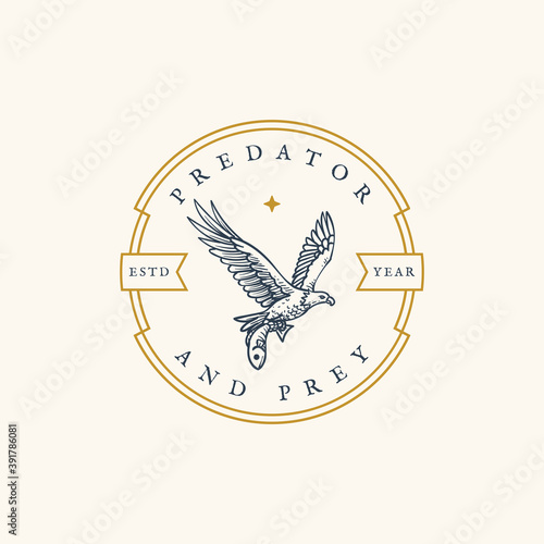 Canvas Print Wild bald eagle catching fish round emblem retro logo design template