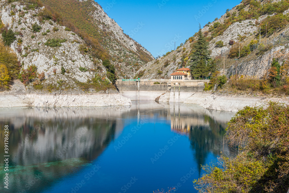 San Domenico Lake during autumn season, near Villalago village, Abruzzo, central Italy.