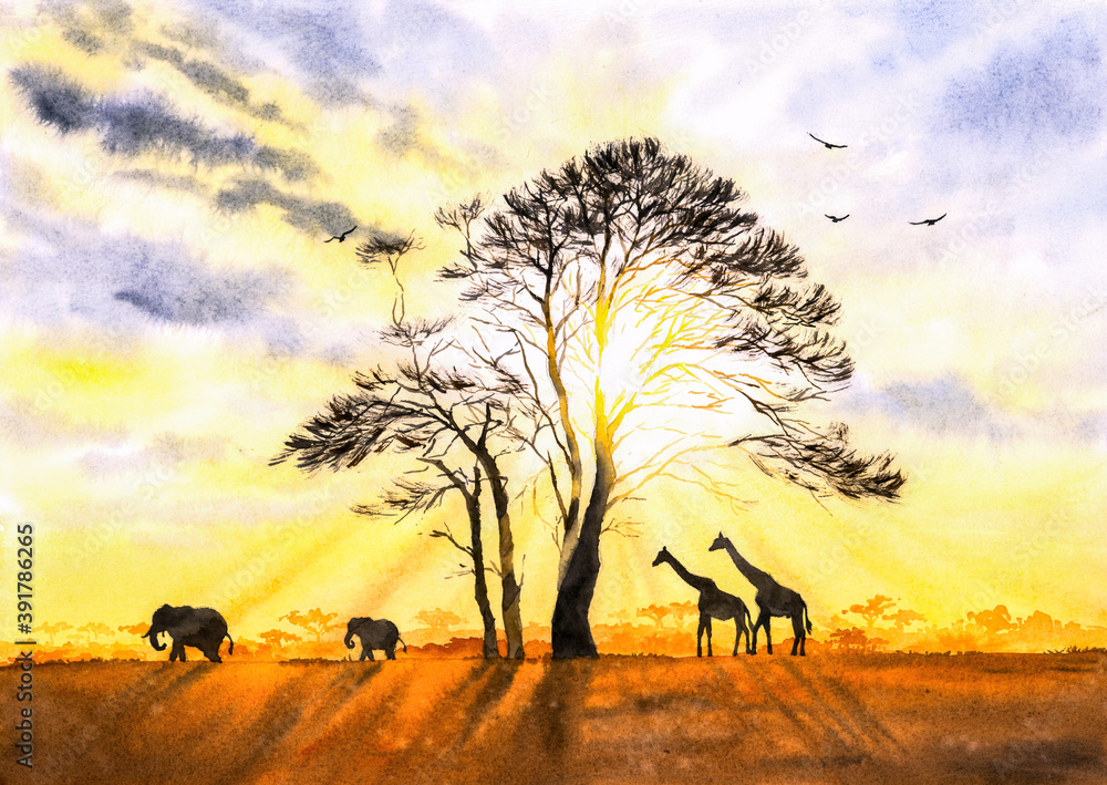 Watercolor Painting - Wild Giraffe and Elephant with Dawn light in Africa Field