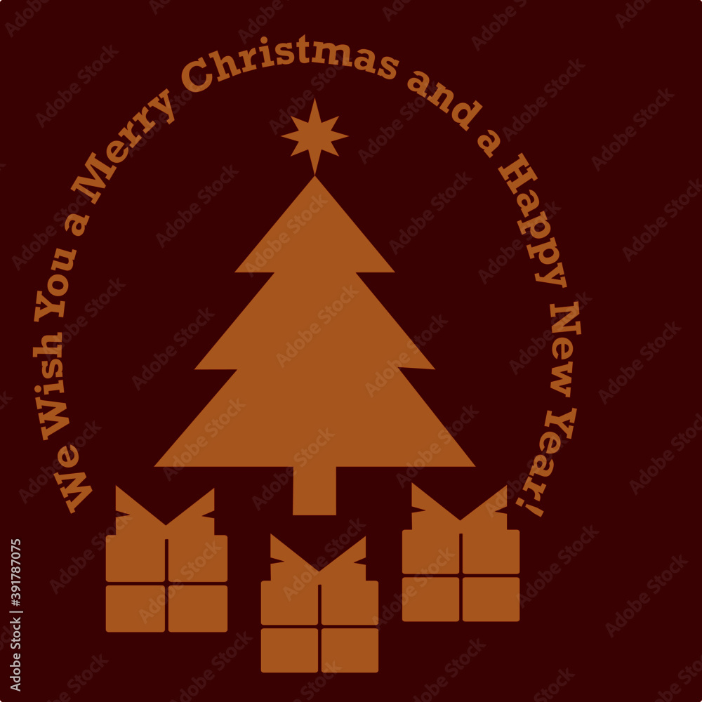 Obraz premium christmas tree illustration We Wish You a Merry Christmas and a Happy New Year golden red background gift card box