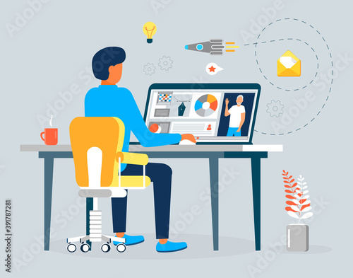 Tutorial or online course of graphic designer concept vector for landing page. Web developer working in digital or AI technology.