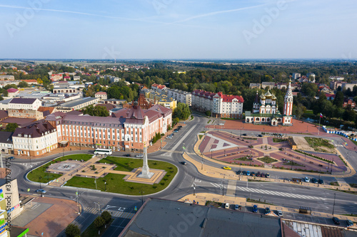 Aerial view of the main square of Gusev town, Russia