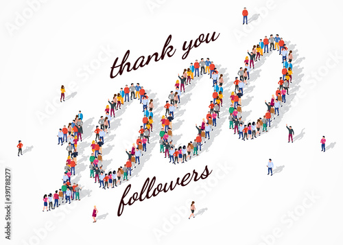 1K Followers. Group of business people are gathered together in the shape of 1000 word, for web page, banner, presentation, social media, Crowd of little people. Teamwork. Vector illustration