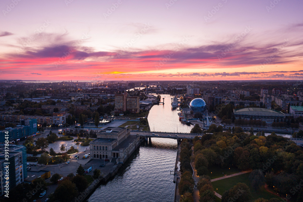 Fototapeta premium Sunset over Kaliningrad city, aerial view