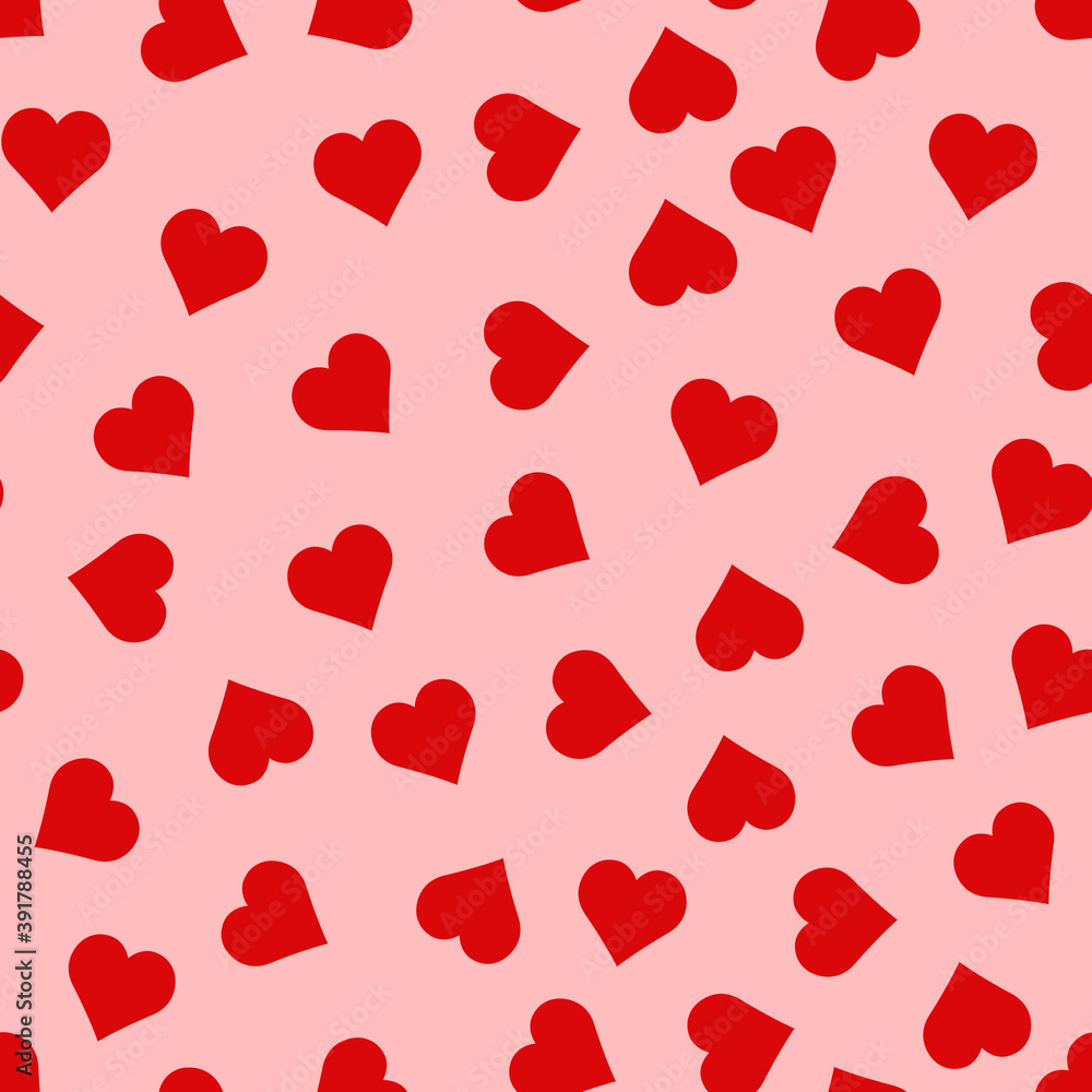 Seamless pattern of red hearts on pink background. Valentine's day wrapping paper concept