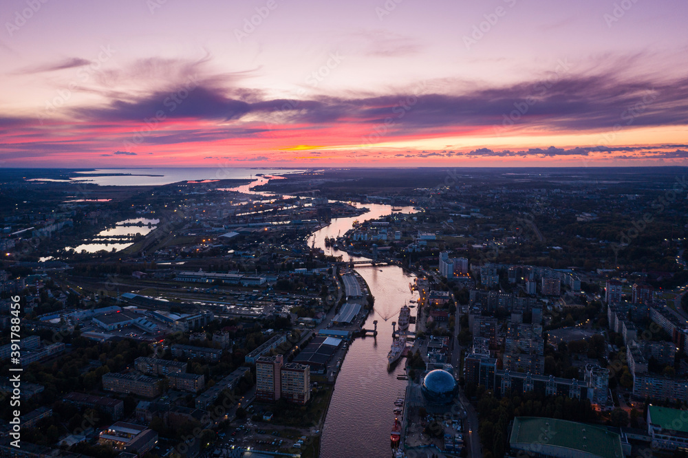 Sunset over Kaliningrad city, aerial view