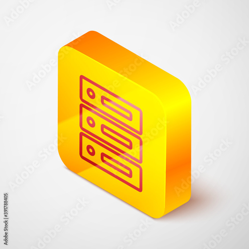 Isometric line Server, Data, Web Hosting icon isolated on grey background. Yellow square button. Vector Illustration.