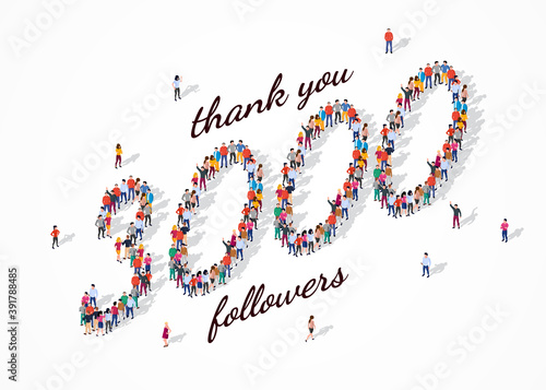 3K Followers. Group of business people are gathered together in the shape of 3000 word, for web page, banner, presentation, social media, Crowd of little people. Teamwork. Vector illustration