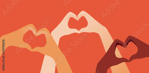 People hands heart isolated, love concept, romance for valentine's day, flat vector stock illustration with multicultural hands and heart