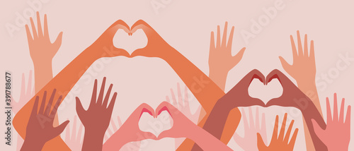 People volunteers, concept of volunteering, care, flat vector stock illustration with multicultural hands heart, different ethnic groups