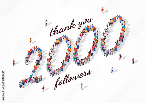 2K Followers. Group of business people are gathered together in the shape of 2000 word, for web page, banner, presentation, social media, Crowd of little people. Teamwork. Vector illustration