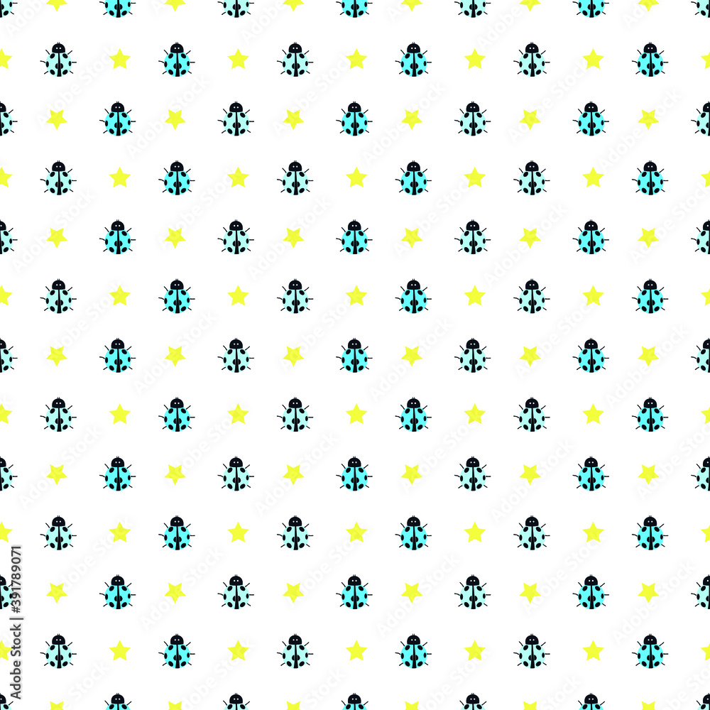 blue bugs and stars seamless repeat pattern