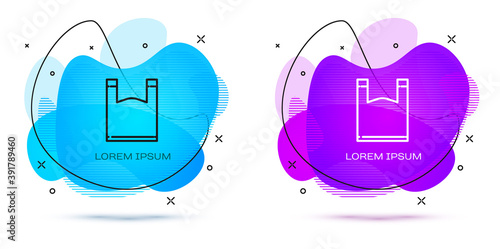 Line Plastic bag icon isolated on white background. Disposable cellophane and polythene package prohibition sign. Abstract banner with liquid shapes. Vector Illustration.