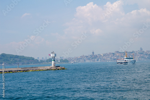Istanbul Stadtblick vom Bosporus mit Fähre Turm und Brücke