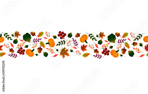 Banner ornament from autumn leaves  pumpkins and berries. Autumn theme. Vector illustration isolated on white background. For fabrics  packaging  scrapbooking and decor.