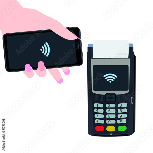 Mobile payment technology concept via POS and NFC. Payment from a mobile phone, bringing the device closer to the POS terminal. Flat vector illustration