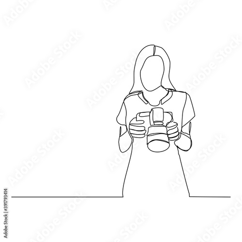 Continuous line drawing of professional woman photographer take picture use camera. One line art concept of photography. Vector illustration