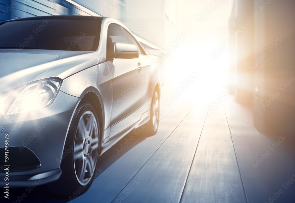 Fototapeta premium Speed car with sunlight effect. 3D rendering and mixed media composition.