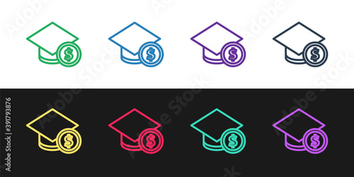 Set line Graduation cap and coin icon isolated on black and white background. Education and money. Concept of scholarship cost or loan, tuition or study fee. Vector..