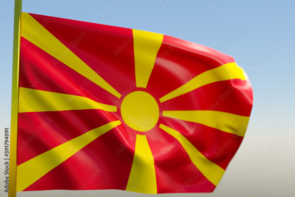 3D illustration of the national flag of Macedonia on a metal flagpole fluttering against the blue sky.Country symbol.