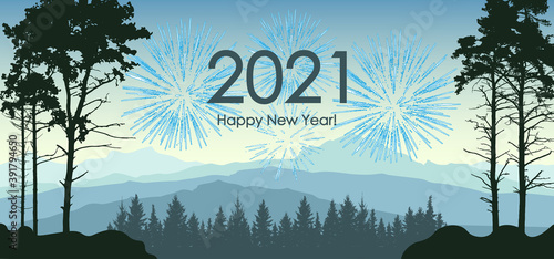 Winter landscape. 2021 New Year. Silhouette of forest and mountains, and fireworks. Vector illustration.