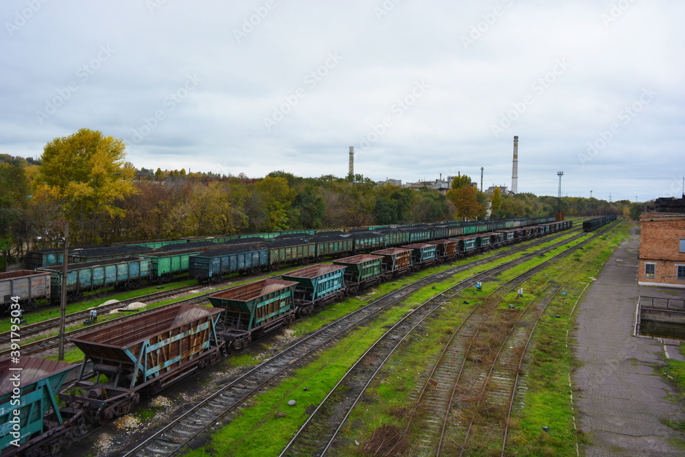 Large metal wagons, railroad runs with small green grass located on the loading production hub. A bright and colorful railway freight station located in the Rechport area of the city of Kamenskoye.
