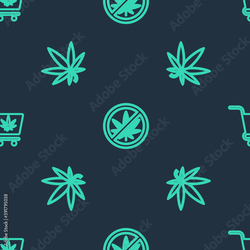 Set line Stop marijuana, Marijuana or cannabis leaf and Shopping cart with on seamless pattern. Vector.