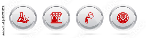 Set line Test tube with marijuana, Marijuana and cannabis store, Watering and Legalize. Silver circle button. Vector.