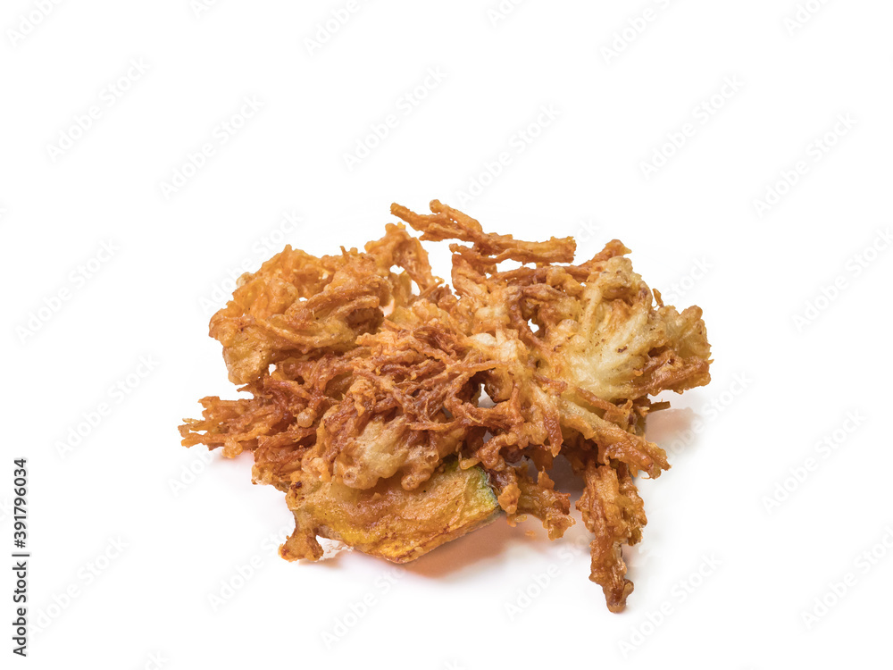 The close up of Thai tempura deep fried vegetable food on white background. The close up of Thai tempura deep fried vegetable food on white background.