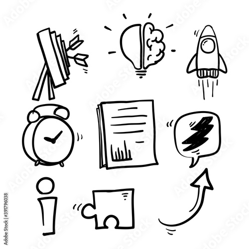 hand drawn Startup line icons. Launch Project, Business report and Target. with doodle style vector isolated