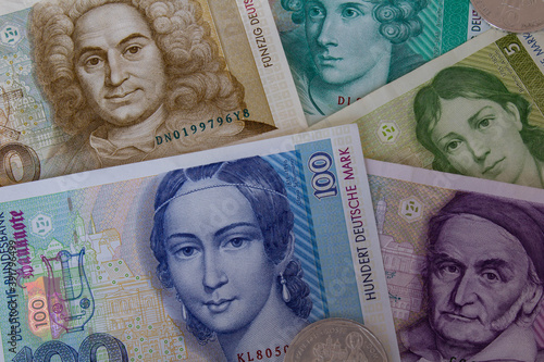 German old currency banknotes and coins
