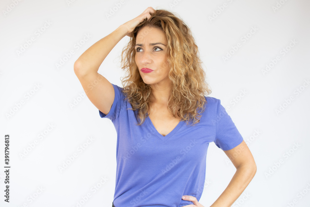Fototapeta premium Caucasian woman in casual t-shirt over isolated background doing nervous gesture