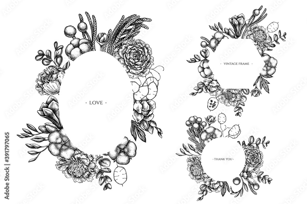 Floral frames with black and white ficus, eucalyptus, peony, cotton, freesia, brunia