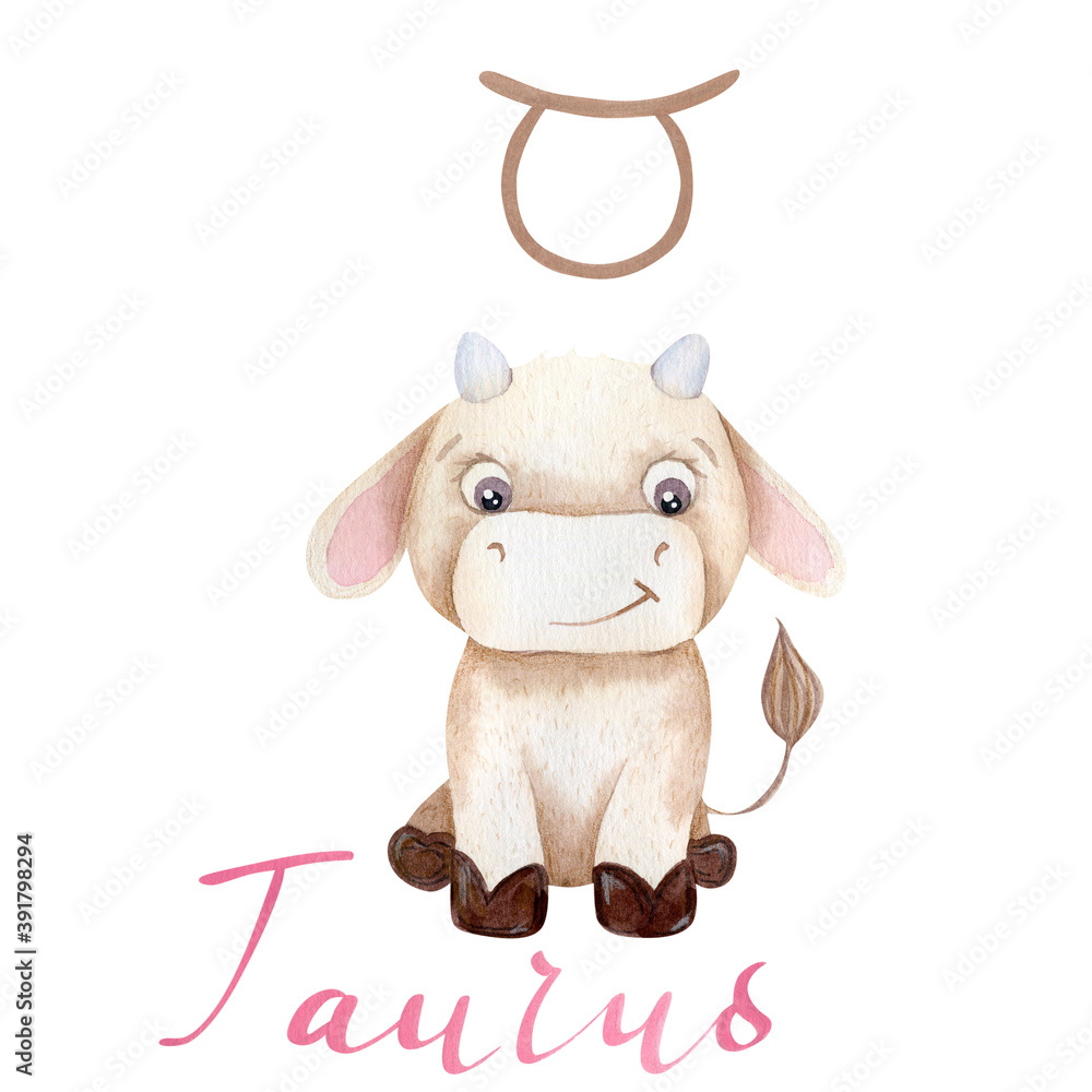 Fototapeta premium Watercolor illustration Taurus Bull Symbol of the year 2021 Zodiac Funny and cute Cow New Year illustration