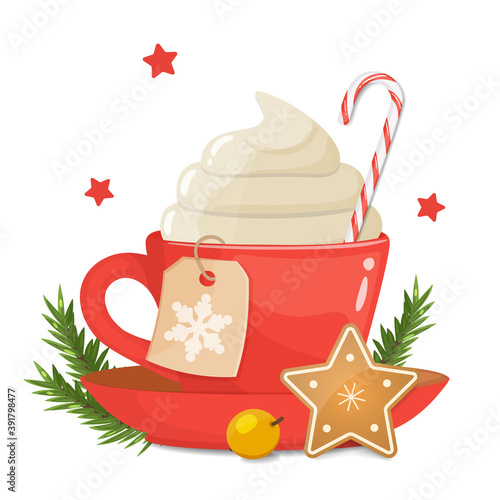 Red cup with frothy coffe, cappuccino. Christmas cookies, hard candy cane striped. Vector stock illustration.