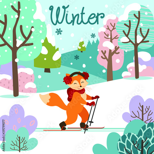 vector image, square, fox rides through a snow-covered forest on skis, inscription, winter, falling snow, color drawing, children's print