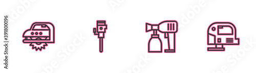 Set line Electric circular saw, Paint spray gun, Construction jackhammer and jigsaw icon. Vector.