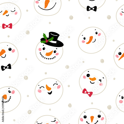 Cute Snowman Heads. Christmas Vector Seamless Pattern. Winter Holiday Background with Cartoon Doodle Snowmen Faces. Winter Holidays, Christmas and New Year Design
