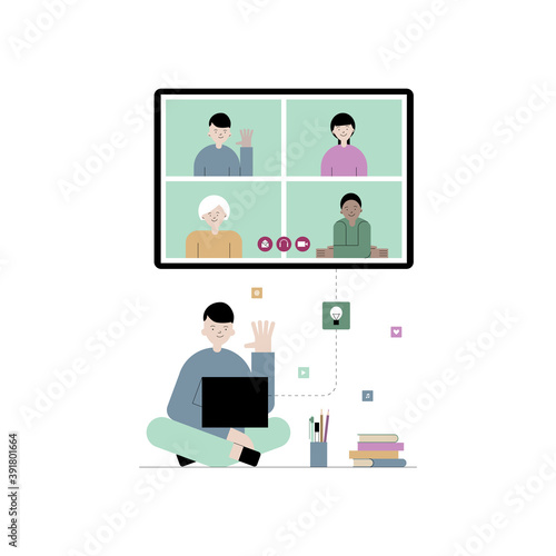 Vector flat illustration of e-learning, online education concept. Student boy is sitting on the floor and learning with laptop. Online communication and social media
