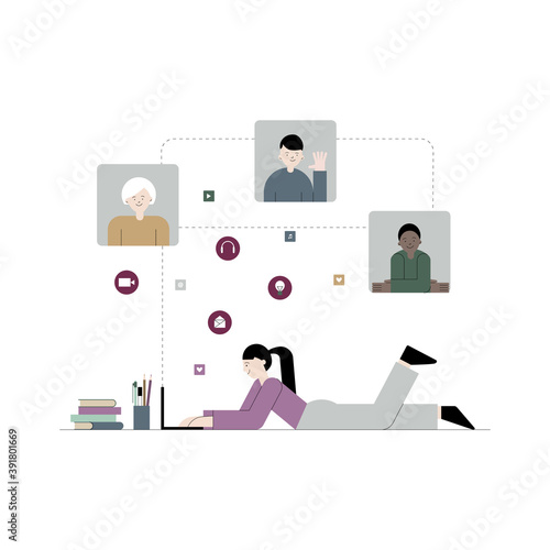 Vector flat illustration of e-learning, online education concept. Student girl is lying on the floor and learning with laptop. Online communication and social media