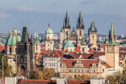 Famous old Prague city center with many top towers during atumn season in Czech Republic