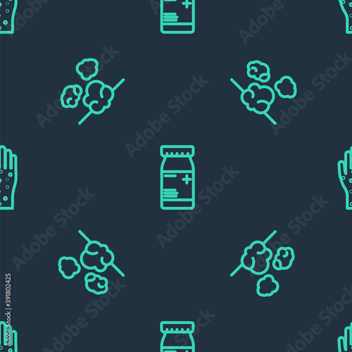 Set line Medicine bottle and pills, Dust and Hand with psoriasis or eczema on seamless pattern. Vector.