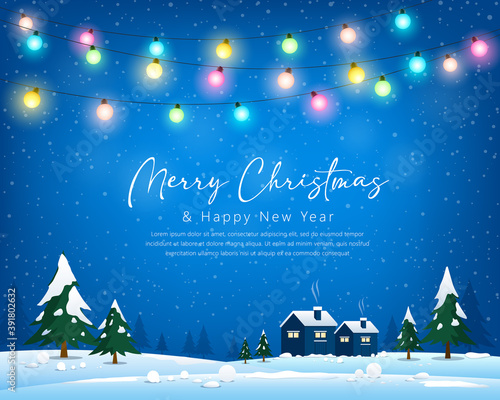 Merry Christmas winter greeting card bulb light, house, tree and snow blue background, Eps 10 vector illustration