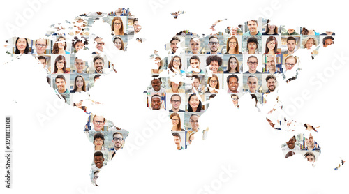 Business Team Portrait Collage auf Weltkarte